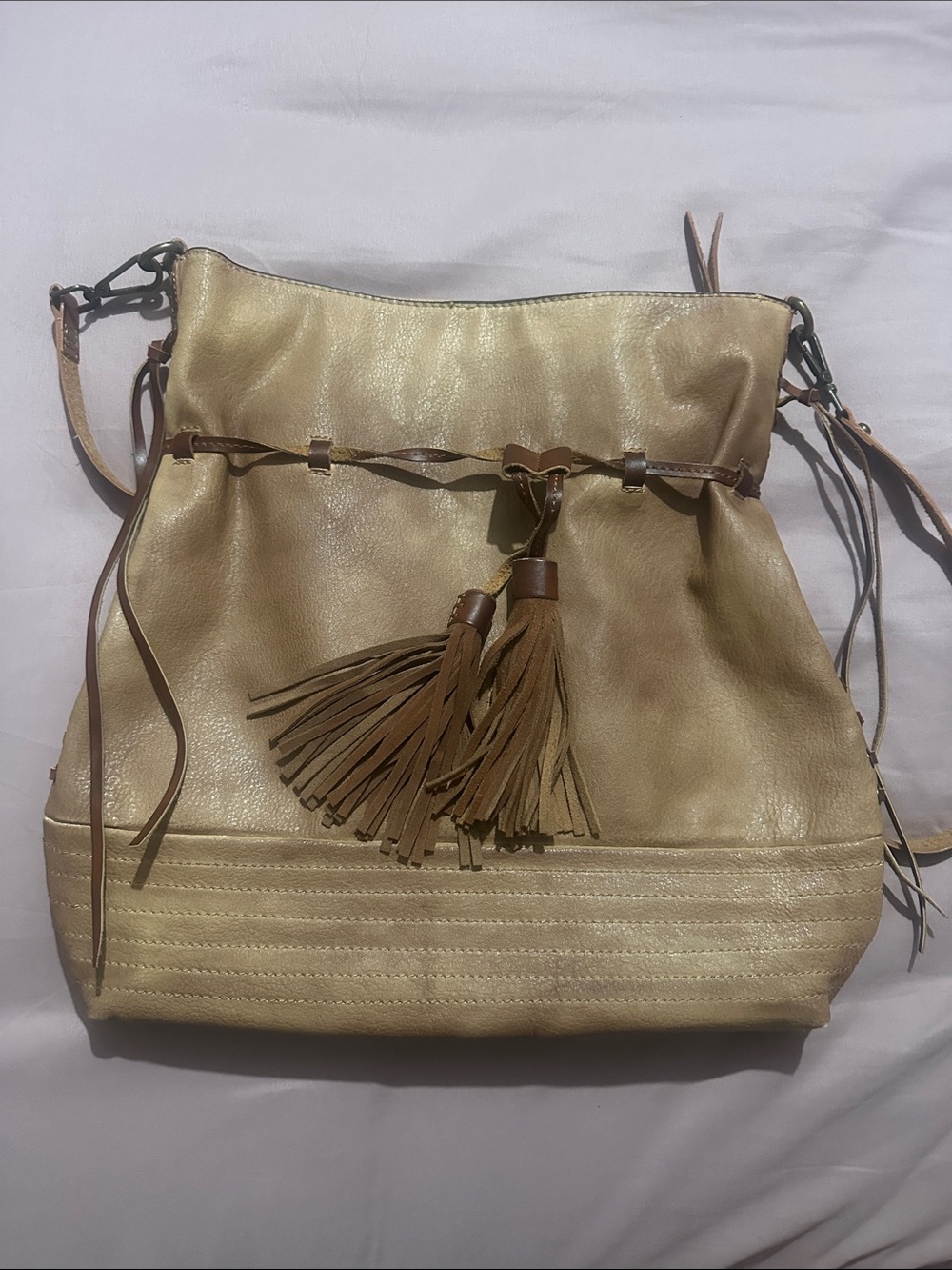 Altar'd State Leather Drawstring Shoulder Bag with Tassels
